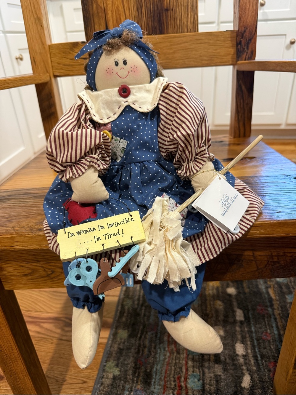 Gifts by House of Lloyd Rag Cloth Doll 18" Blue Polka Dot Dress Mop Keys Quote